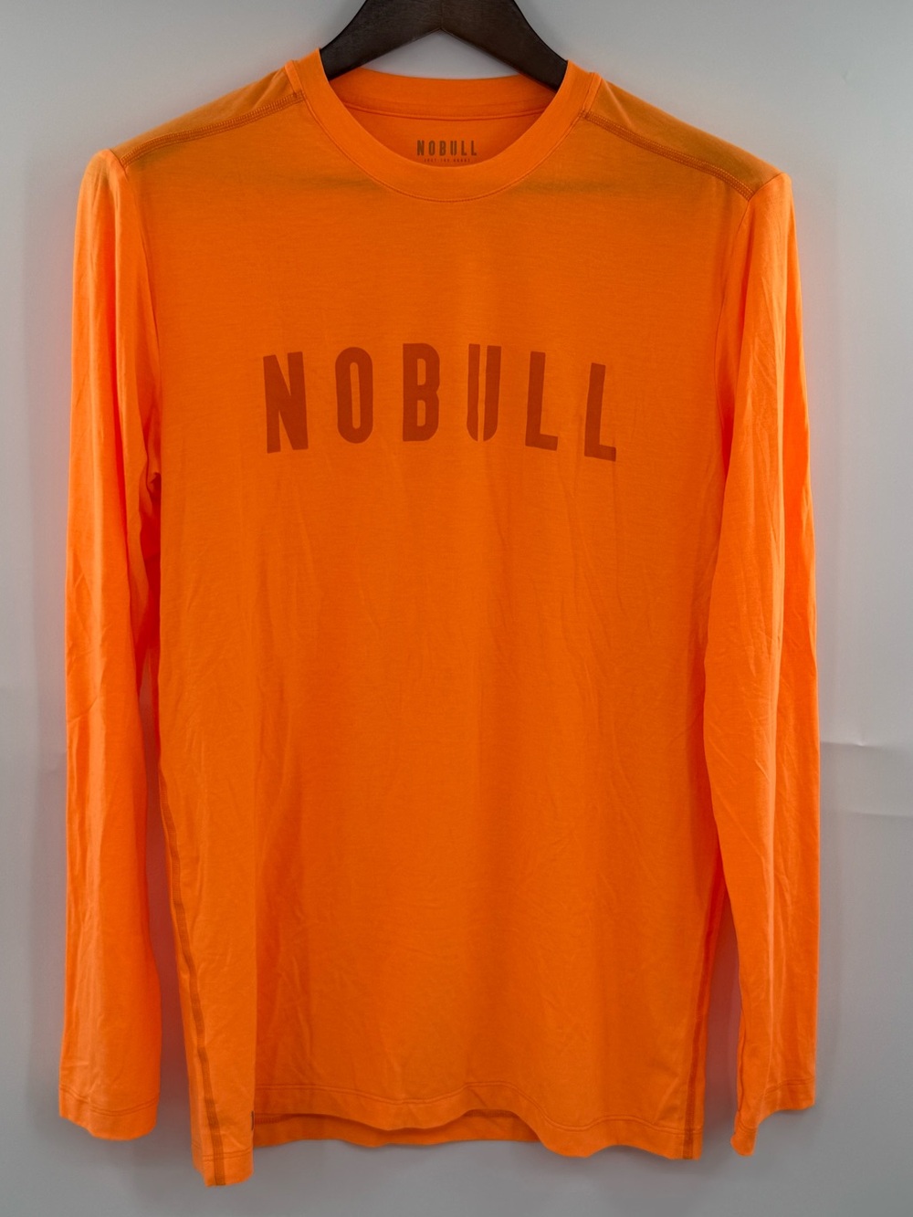 NOBULL Mens M Long Sleeve Performance Shirt Orange Logo Athletic Workout